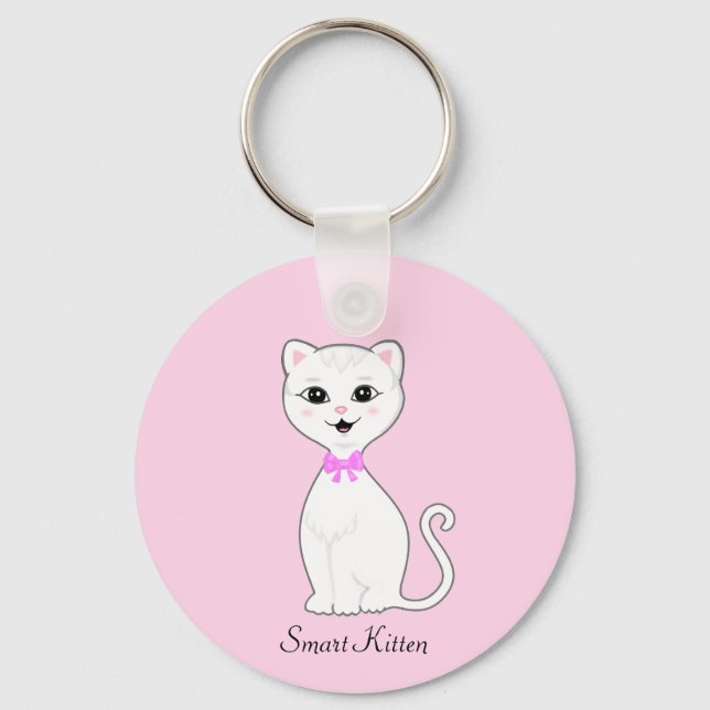 Porte-clés Caricature chaton blanc mignon sur rose clair (Recto)