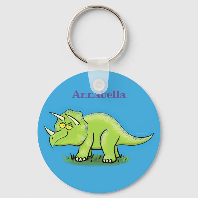 Porte-clés Caricature de dinosaure de triceratops vert mignon (Recto)