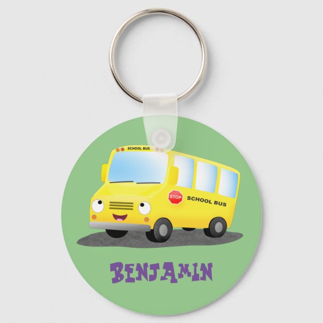 Porte-clés Caricature du bus scolaire jaune joyeux (Recto)