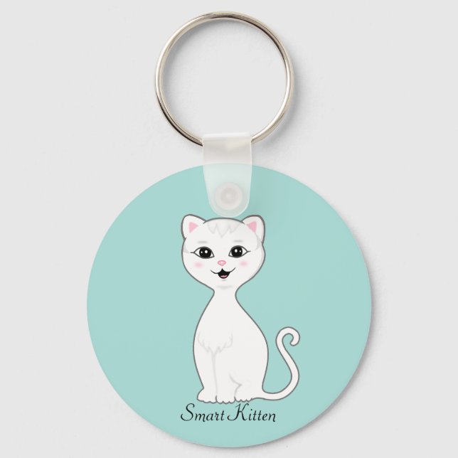 Porte-clés Caricature mignon blanc Kitten sur bleu clair (Recto)