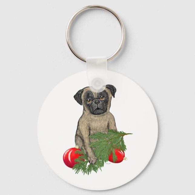 Porte-clés Carlin Chiot adorable Noël Chien Art (Recto)