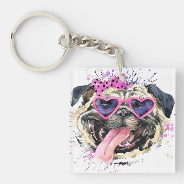 Porte-clés Carlin rose mignon d'aquarelle (Devant)