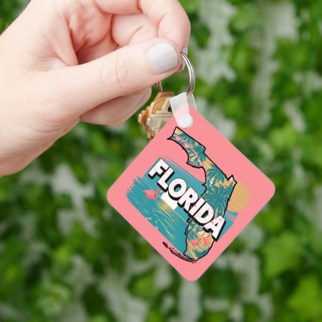 Porte-clés Carré Silhouette de Floride rétro (main)
