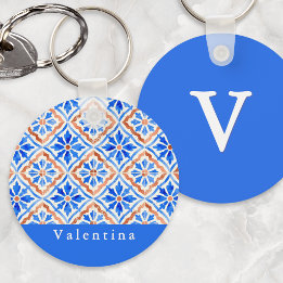 Porte-clés Carreau d'azulejo bleu méditerranéen Nom personnal