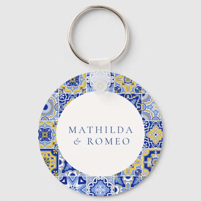 Porte-clés Carrelage bleu méditerranéen & Mariage Citrus (Recto)
