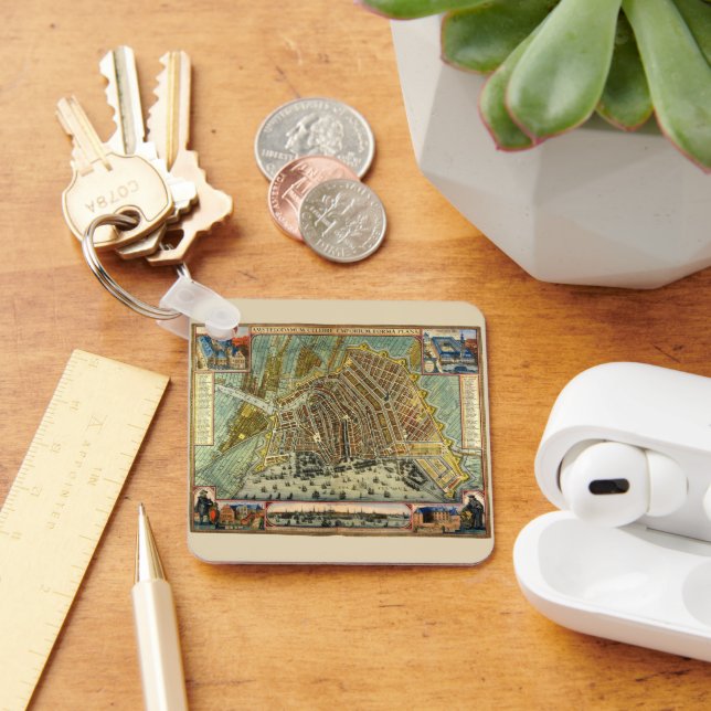 Porte-clés Carte antique Amsterdam, Hollande aka Pays-Bas (Bureau)