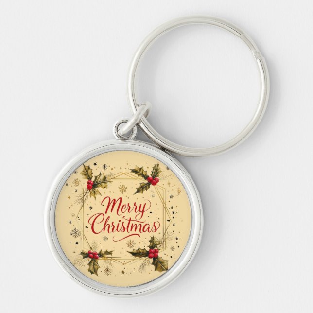 Porte-clés Carte classique Joyeux Noël avec Holly Design (Devant)