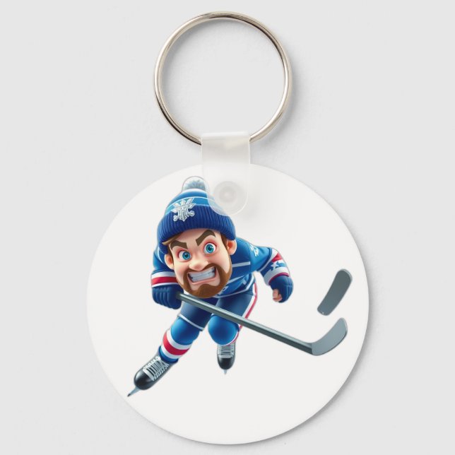 Porte-clés Cartoon Hockey Player Skating with Intense Express (Recto)