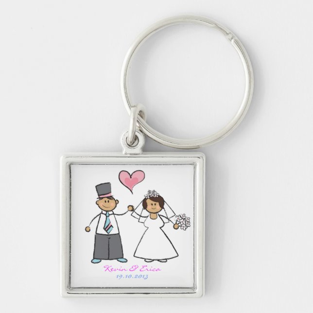 Porte-clés Cartoon Mariage Couple Mariée & Groom Coeur rose (Devant)