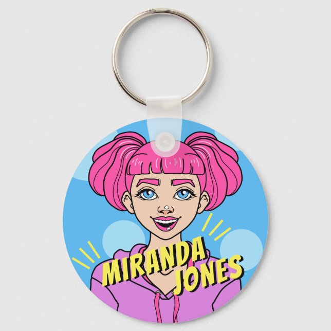 Porte-clés Cartoon rose mignon Ado Portrait de fille Nom (Recto)