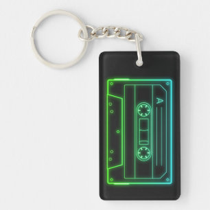 Porte-clés cassette néon, rétro vaporwave bleu ver