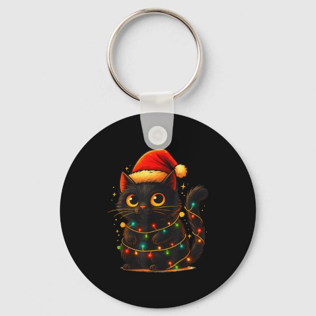 Porte-clés Cat Black Christmas Tree Lights Funny Santa Kitten (Recto)