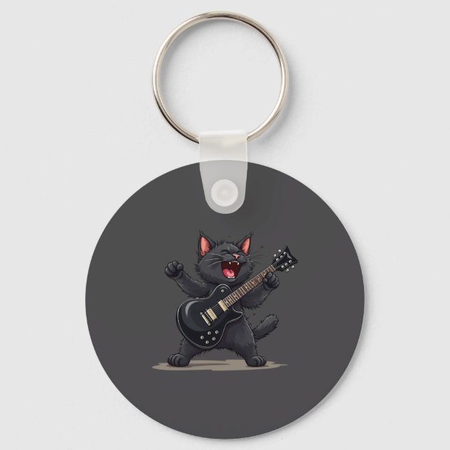Porte-clés Cat Playing Guitar Rock And Roll Rock Star Funny  (Recto)