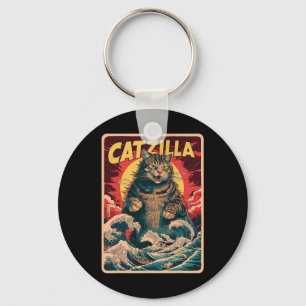 Porte-clés Catzilla Art Japonais Chat Drôle Graphique Vintage