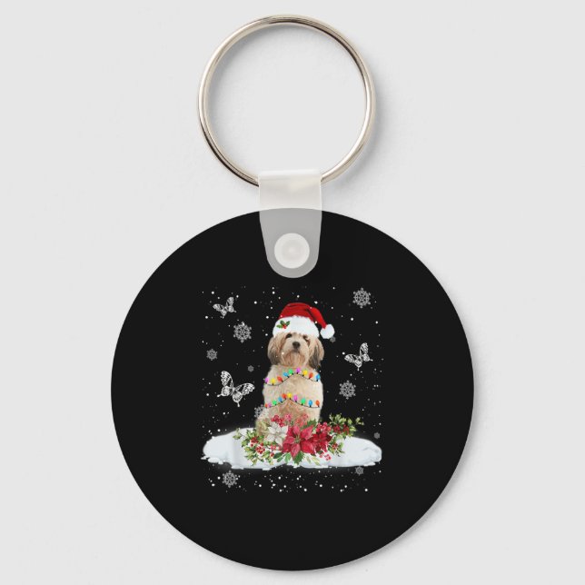 Porte-clés Cavachon Neige Arbre de Noël Lumières Pyjama Chien (Recto)