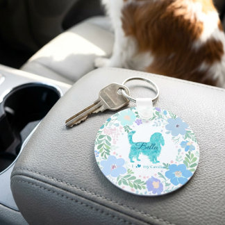 Porte-clés Cavalier King Charles Spaniel Floral Bleu Pastel 
