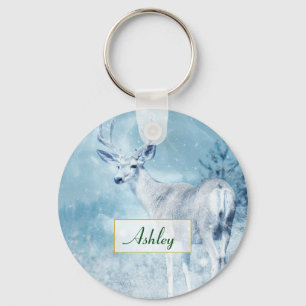 Porte-clés Cerfs et pins d'hiver Personnalisés