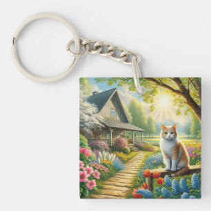Porte-clés Chalet de printemps/jardin & chat