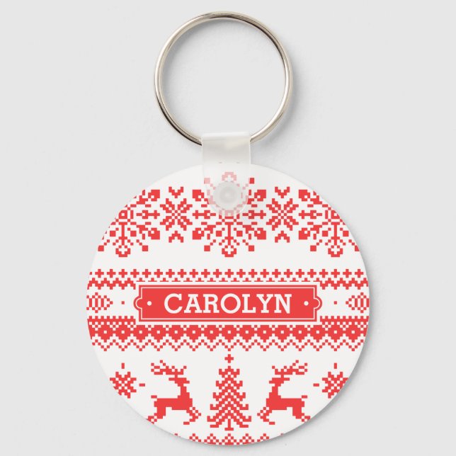 Porte-clés Chandail de Noël rouge brun motif monogramme (Recto)