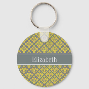 Porte-clés Charcoal Pineapple Damask #3 Yellow Name Monogram
