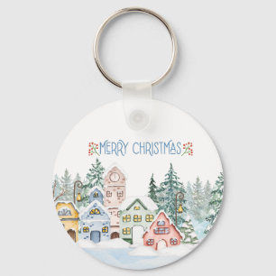 Porte-clés Charmant village de neige aquarelle Noël
