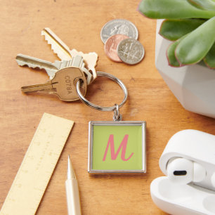 Porte-clés Chartreuse moderne Vert et Corail Rose Monogramme