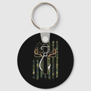 Porte-clés Chasse Pêche Foi Bois de Cerf Croix Hameçon Chri