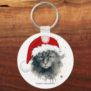 Porte-clés Chat Aquarelle Dans Un Chapeau De Père Noël Joyeux