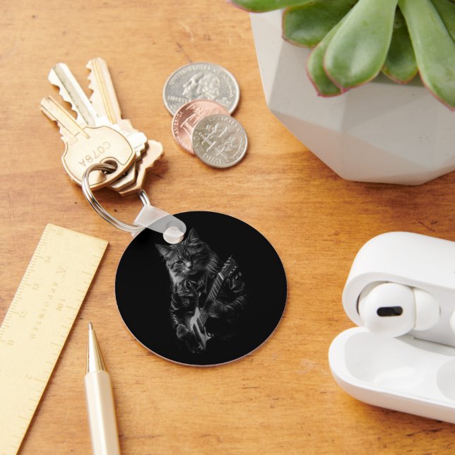 Porte-clés Chat avec cuir Veste jouant guitare électrique (Bureau)
