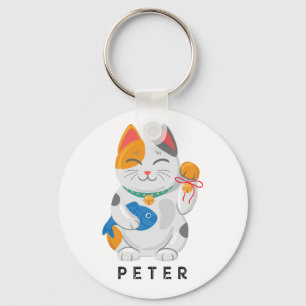 Porte-clés Chat blanc Maneki Neko japonais, symbole de bonne 