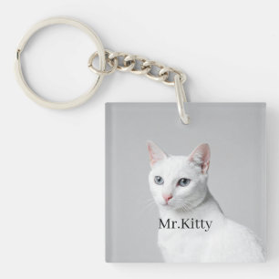 Porte-clés Chat Blanc Nom de l'animal personnalisé – Portrait