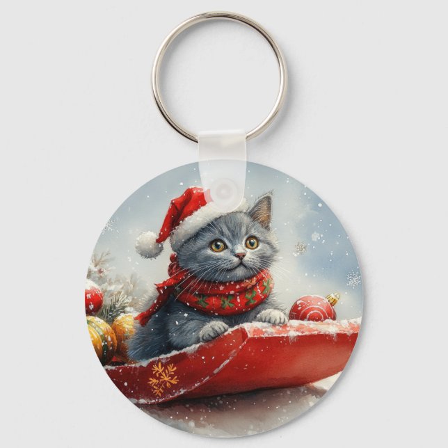 Porte-clés Chat bleu russe en sangle laissez-le neiger Noël (Recto)