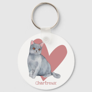 Porte-clés Chat Chartreux Aquarelle Kitty Coeur rose