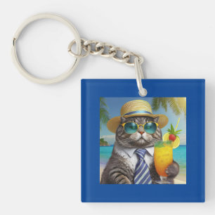 Porte-clés Chat Cool amusant et boisson tropicale