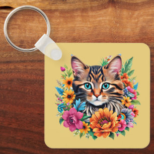 Porte-clés Chat dans une guirlande florale colorée