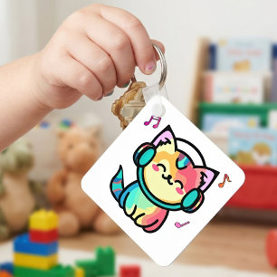Porte-clés Chat de dessin animé kawaii souriant avec casque
