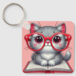 Porte-clés Chat de dessin animé mignon portant des lunettes