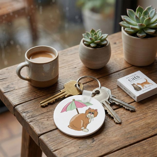 Porte-clés Chat de plage avec parapluie rose et vert (Créateur téléchargé)