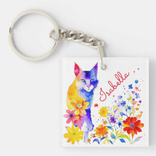 Porte-clés Chat et fleurs à l'aquarelle personnalisés 