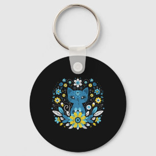 Porte-clés Chat Fleurs Ukrainiennes Filles Bleu Jaune Ukraine