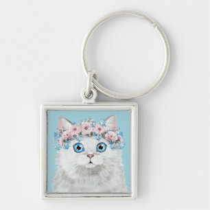 Porte-clés Chat floral blanc doux