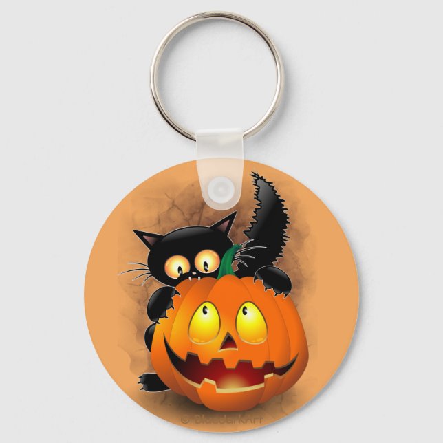 Porte-clés Chat Fun Halloween Caractère mordant un Citrouille (Recto)