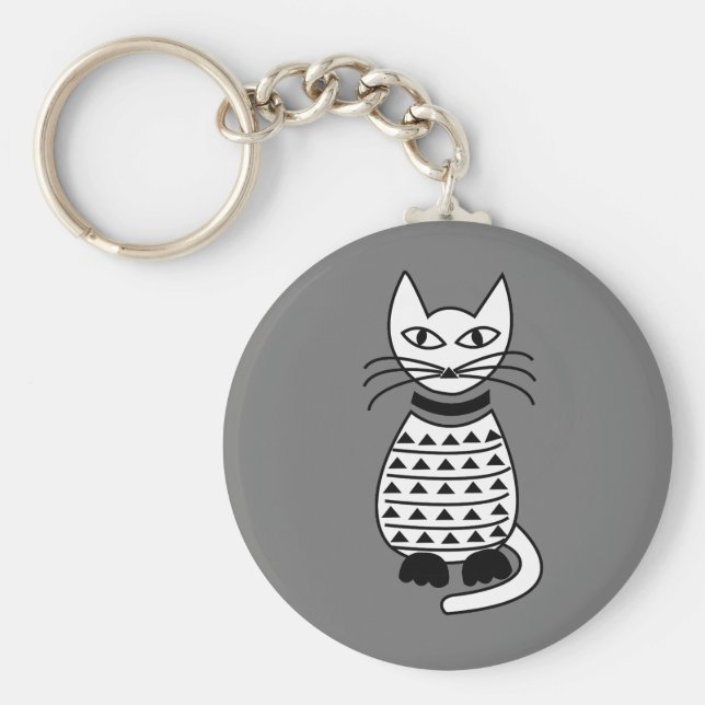 Porte-clés Chat géométrique Abstrait noir et blanc (Devant)