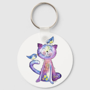 Porte-clés Chat mignon blanc violet avec oiseaux