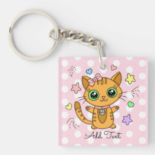 Porte-clés Chat mignon orange Kitty rose Polka point