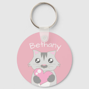 Porte-clés Chat mignon tenant Coeur rose Personnalisé