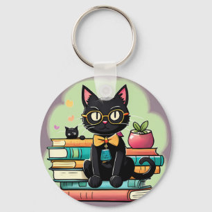 Porte-clés Chat noir assis sur une pile de livres