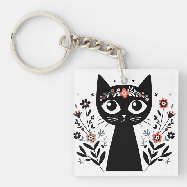 Porte-clés Chat noir aux grands yeux entouré de fleurs (Devant)