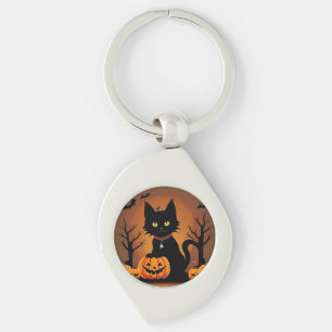 Porte-clés Chat noir d'Halloween entouré de citrouilles-lante