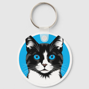Porte-clés Chat noir et blanc aux yeux bleus
